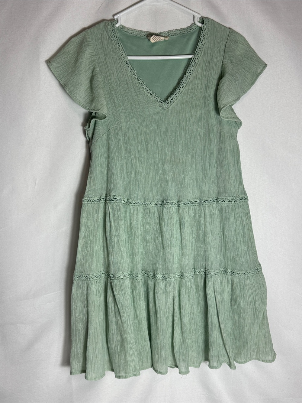 Altar'd State Sage Green Tiered Mini Dress Flutter Sleeve Crochet Lace Trim - S